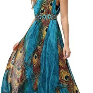 statement peacock print maxi dress